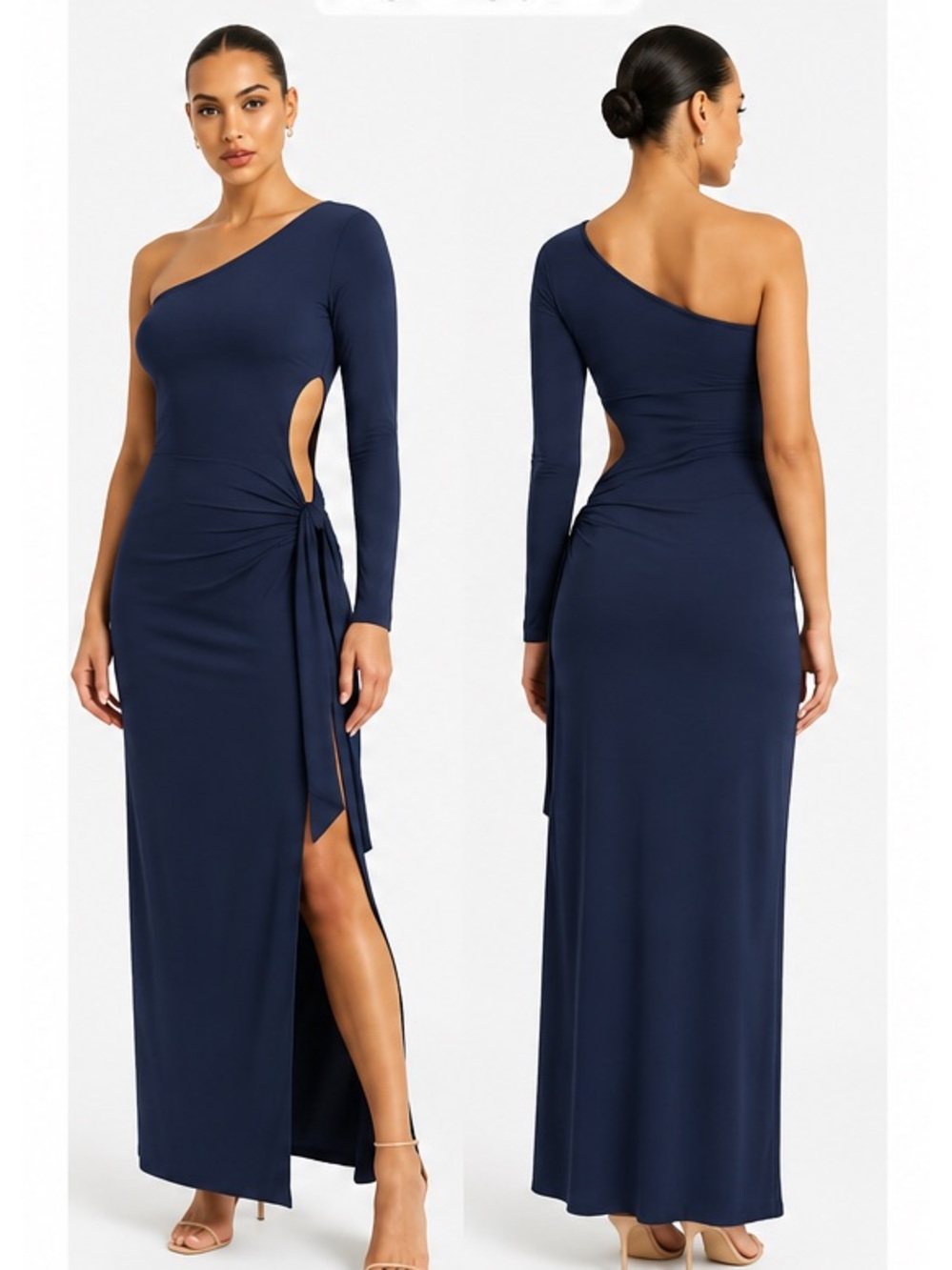 NAKED WARDROBE Navy One Shoulder Maxi Dress $120